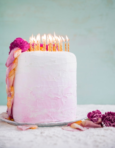 Birthday cake in front of watercolor background