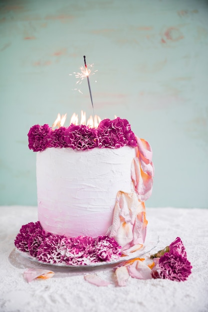 Birthday cake in front of watercolor background