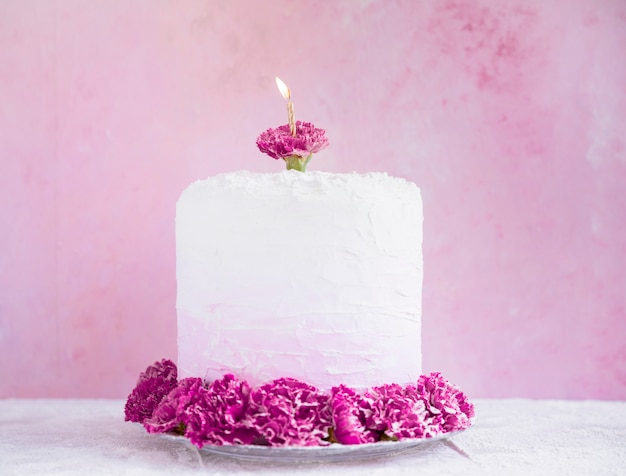 Birthday cake in front of watercolor background