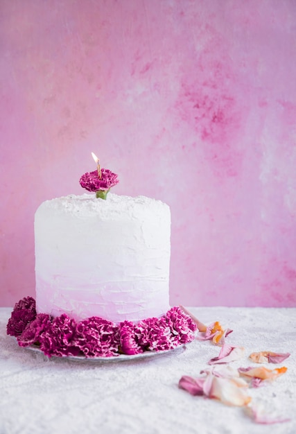 Birthday cake in front of watercolor background