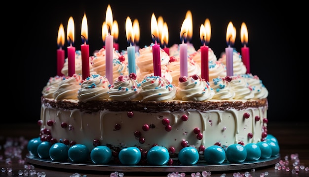 ろうそくとチョコレートアイシングと人工知能によって生成されたカラフルな装飾の誕生日ケーキ