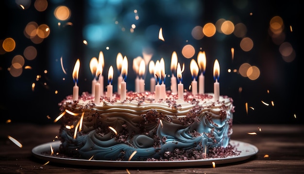 無料写真 チョコレートケーキ明るいろうそく人工知能によって生成されたコンフェッティで誕生日祝い