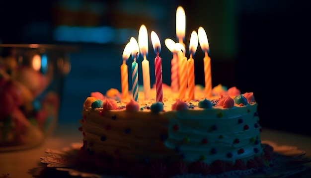 無料写真 人工知能によって生成された美味しいチョコレートケーキとカラフルなキャンドルの誕生日祝い