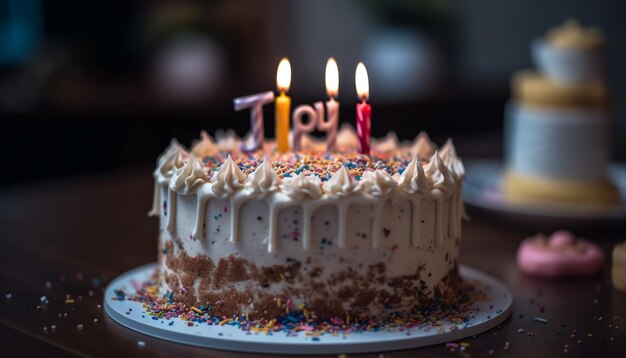 Birthday celebration with gourmet chocolate cake burning candles and confetti generated by AI