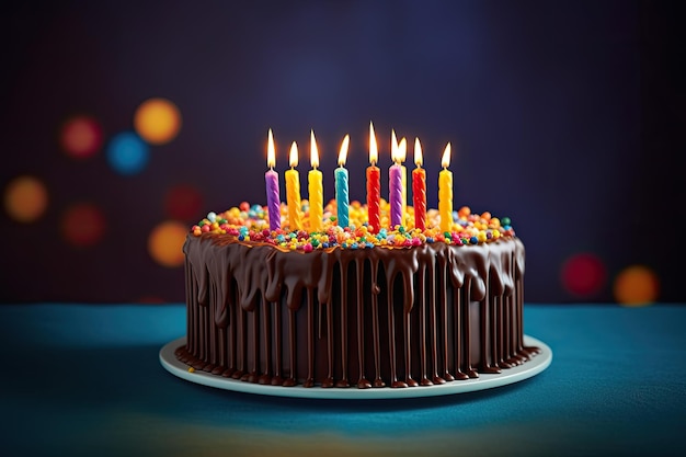 Birthday chocolate cake with colored candles on blue background Ai generative