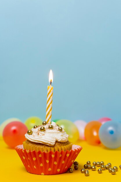 Birthday cupcake with candle close-up