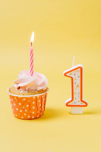 Birthday cupcake with lit candle