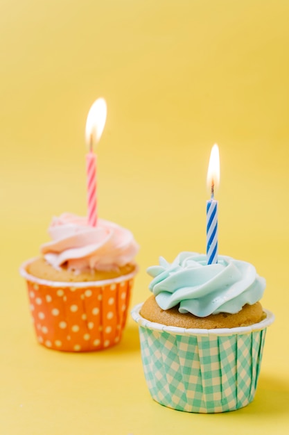 Birthday cupcake with lit candle