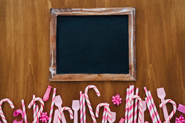 Birthday decoration with blank slate and candy canes