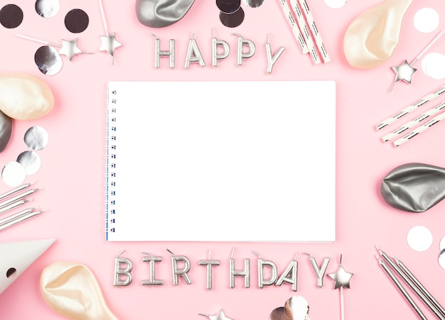 Birthday elements with pink background