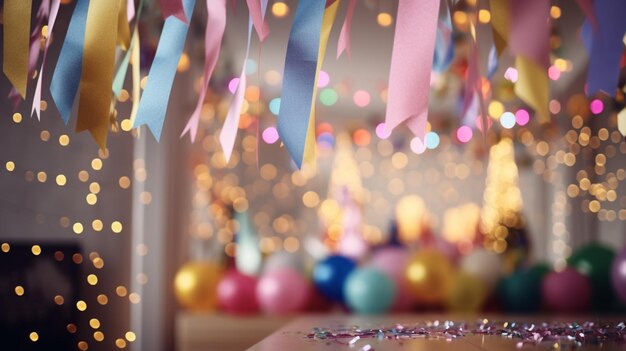 Birthday party with hanging ribbons and garland in decorated room