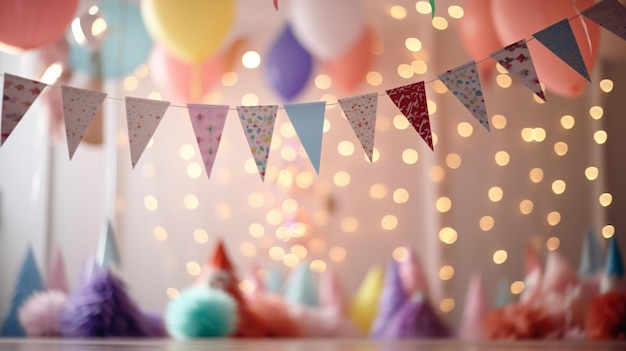 Вечеринка по случаю дня рождения с подвесными лентами и гирляндой в украшенной комнате