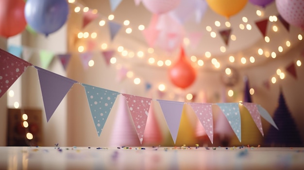 Birthday party with hanging ribbons and garland in decorated room