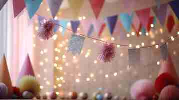 Free photo birthday party with hanging ribbons and garland in decorated room