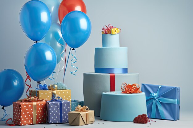 Birthday table with a blue cake balloons and gifts Ai generative