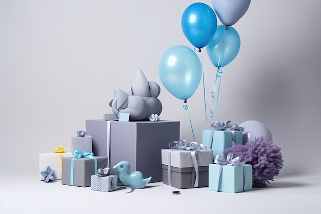 青いケーキ風船とプレゼントの誕生日テーブル Aiジェネレーティブ