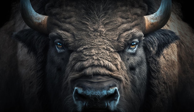 A bison's face is shown in a dark background.