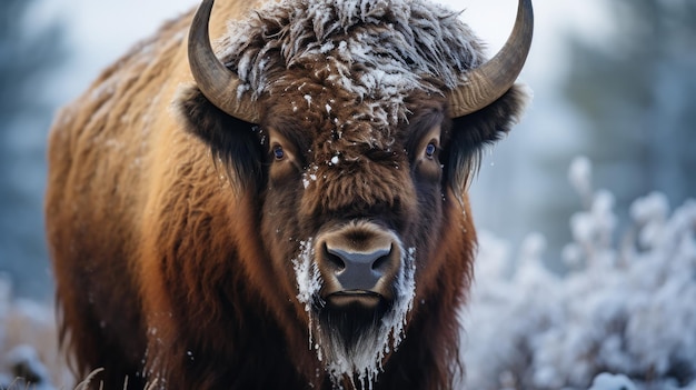 Free photo bison stands resilient in the winter chill