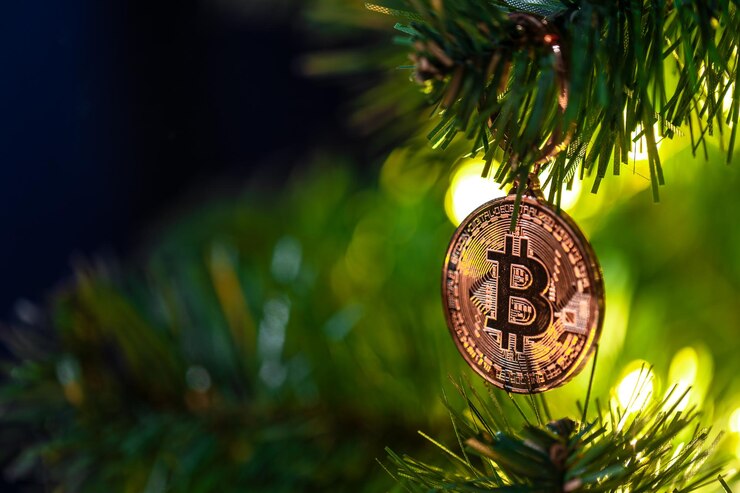 मुफ़्त फोटो bitcoin coin on christmas tree with bokeh lights finance concept