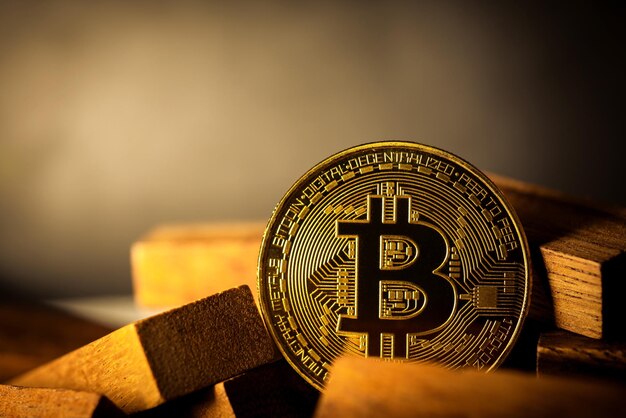 Bitcoin Cryptocurrency 디지털 돈 황금 동전 기술 및 비즈니스 개념
