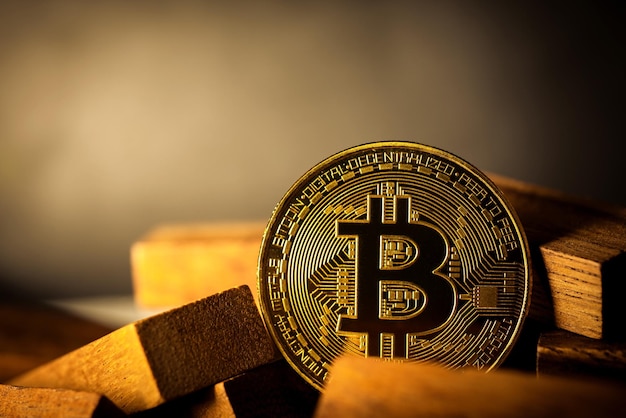 Bitcoin Cryptocurrency 디지털 돈 황금 동전 기술 및 비즈니스 개념