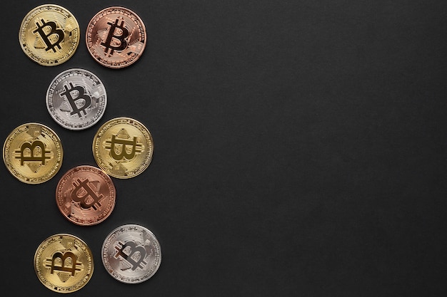 Bitcoin in various colors with copy-space
