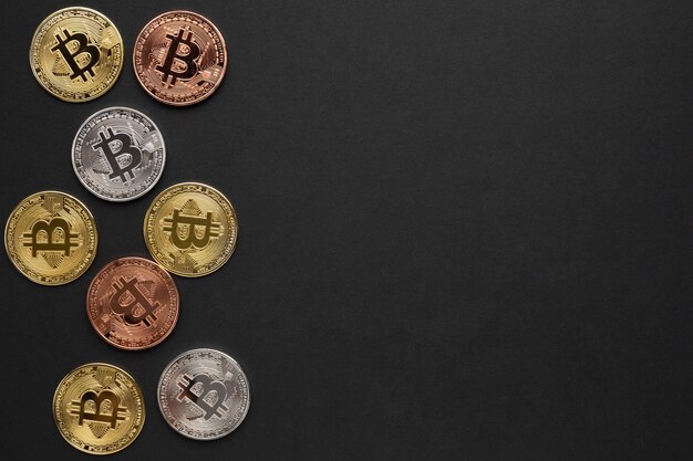 Bitcoin in various colors with copy-space
