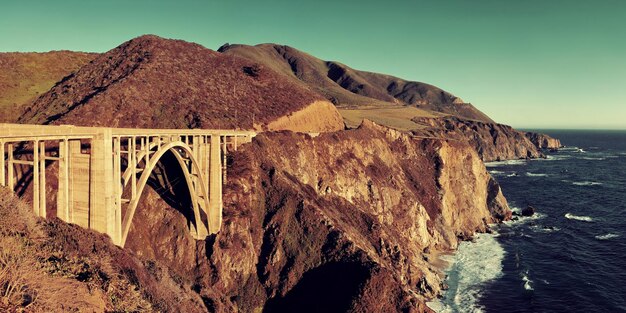Bixby Bridge panorama as the famous landmark in Big Sur California.