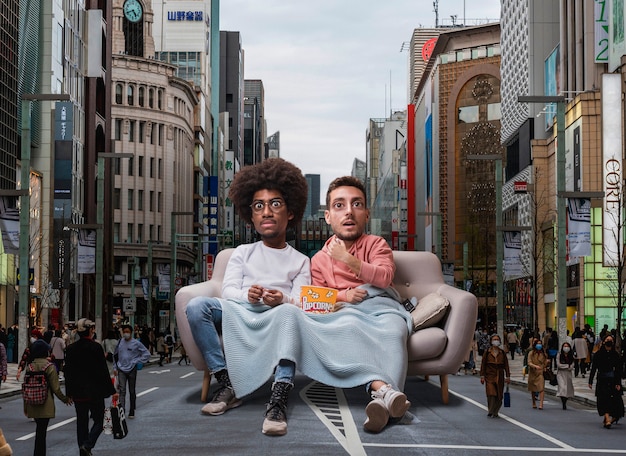 Bizarre scene of giant people in an urban landscape