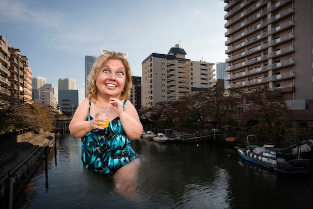 Bizarre scene of giant people in an urban landscape