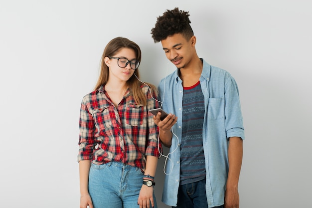 black african american man and woman in shirt and glasses, isolated on white