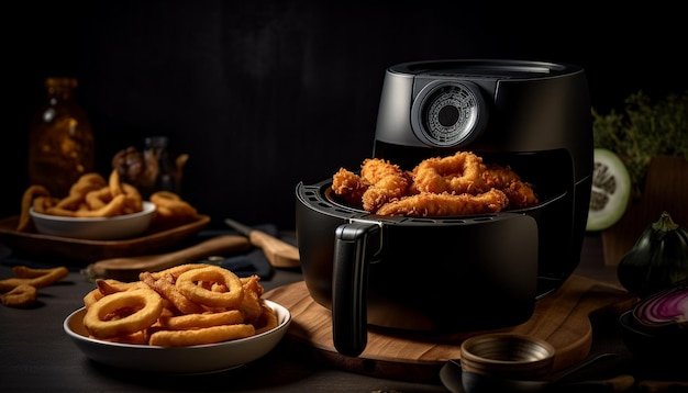 Free photo a black air fryer with onion rings on a plate next to it.