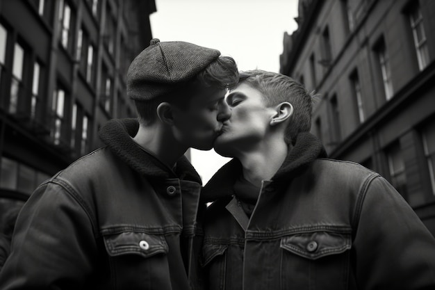 Бесплатное фото Черно-белый портрет целующейся пары