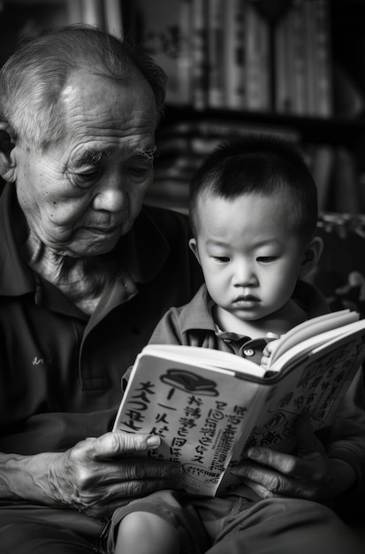 무료 사진 손자와 함께 할아버지의 흑백 초상화