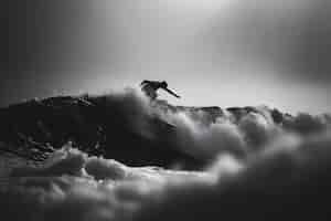 Бесплатное фото Черно-белый портрет человека, занимающегося серфингом среди волн