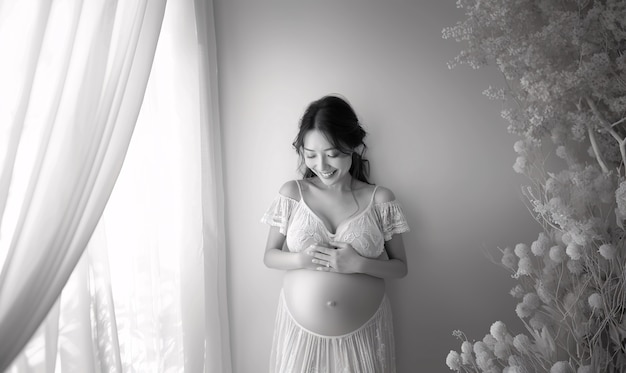 무료 사진 임신 중인 여성의 흑백 초상화