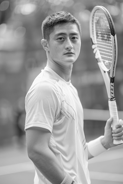 Бесплатное фото Черно-белый портрет профессионального теннисиста