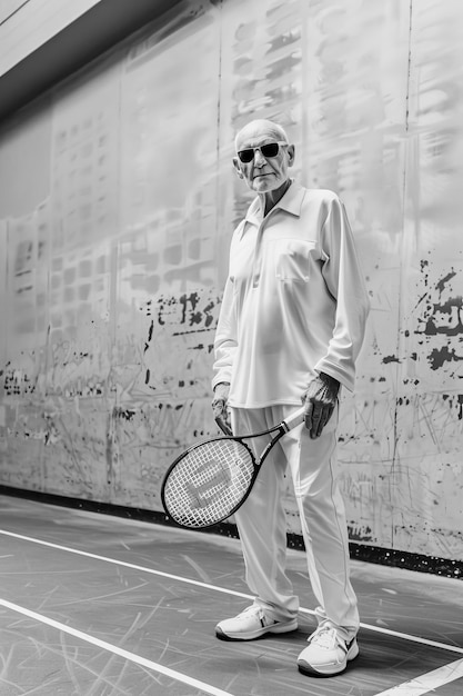 Бесплатное фото Черно-белый портрет профессионального теннисиста