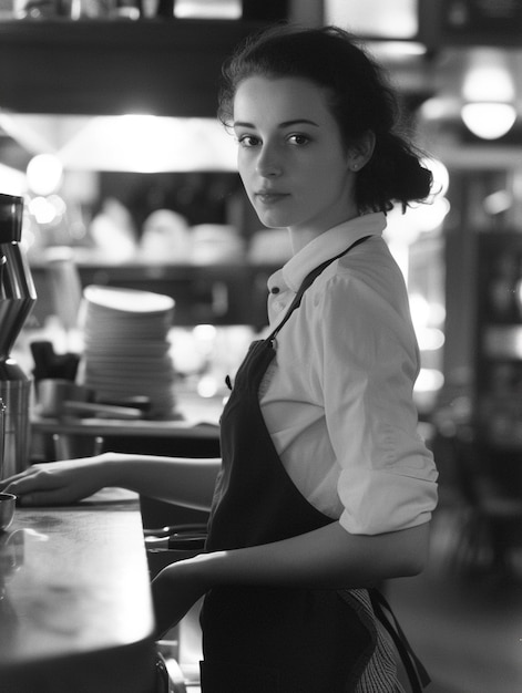 Бесплатное фото Черно-белый портрет рабочей женщины в праздновании дня труда