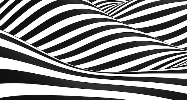 3dイラスト白黒曲線の抽象的な波とさまざまな表面パターン錯覚 幻想イラスト 波線ダイナミックカーブストライプフラグの未来的な背景 プレミアム写真