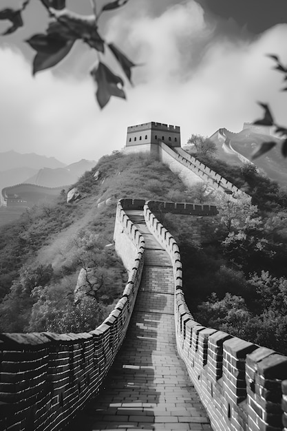 무료 사진 중국 장벽의 흑백 장면