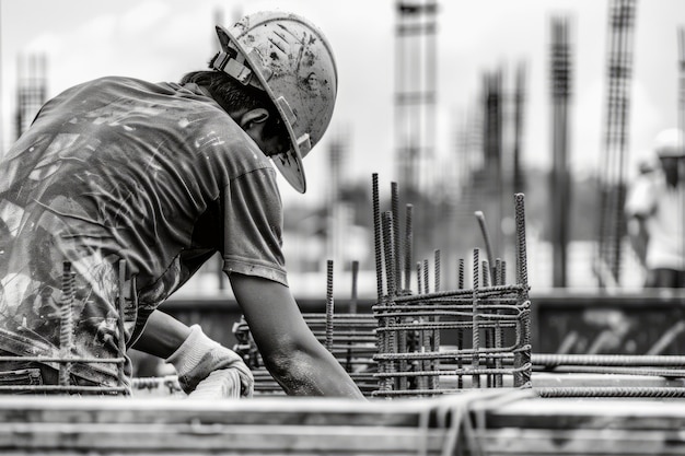 무료 사진 black and white scene showcasing the life of construction workers on the site