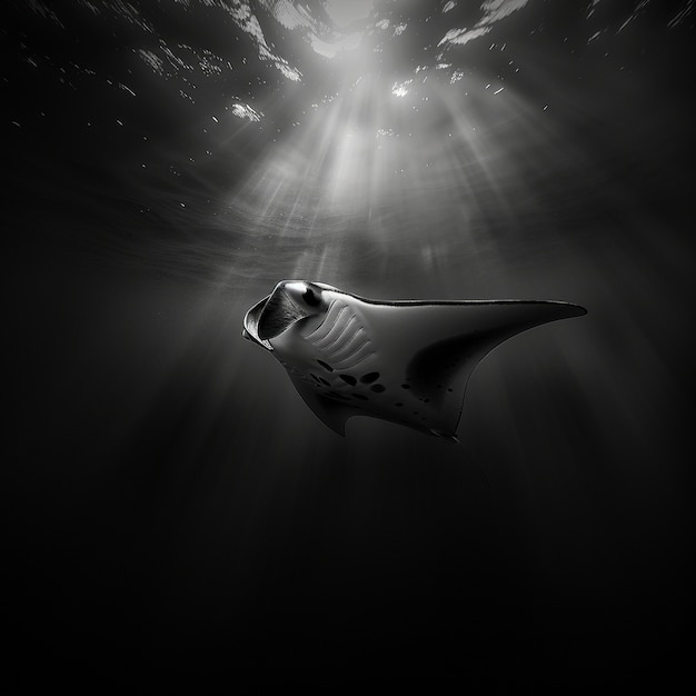 무료 사진 자연적 인 수중 환경 에 있는 만타 레이 의 흑백 사진