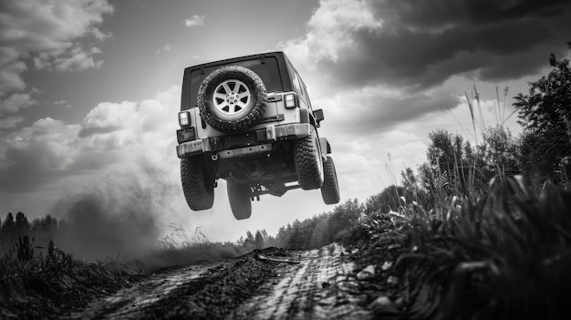 無料写真 black and white view of off-road vehicle driven on rough terrain