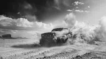 무료 사진 black and white view of off-road vehicle driven on rough terrain