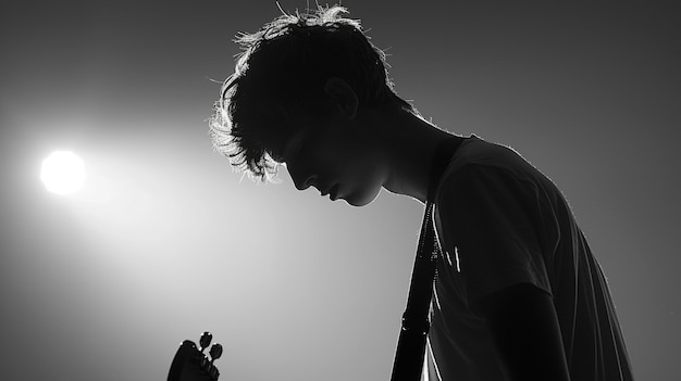 Бесплатное фото Черно-белый вид человека, играющего на электрической гитаре