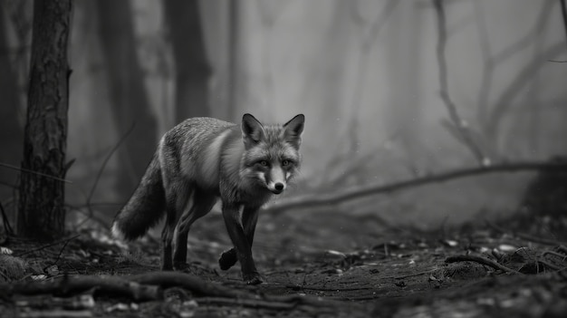 무료 사진 black and white view of wild fox in its natural habitat