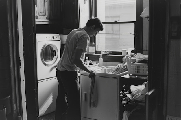 Бесплатное фото black and white vintage portrait of man doing housework and household chores