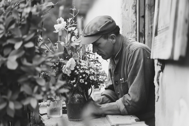 무료 사진 black and white vintage portrait of man doing housework and household chores