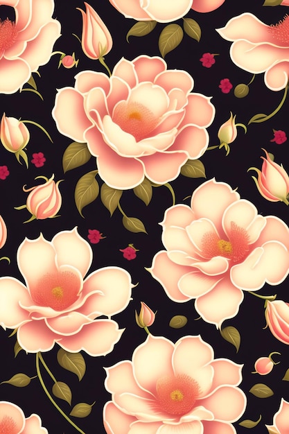 Free photo a black background with a floral pattern and a pink flower.